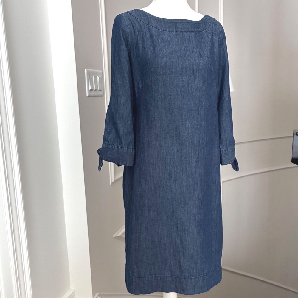 Talbots 100% Cotton Sheath Dress Tie Sleeves  Classic Denim Preppy 2